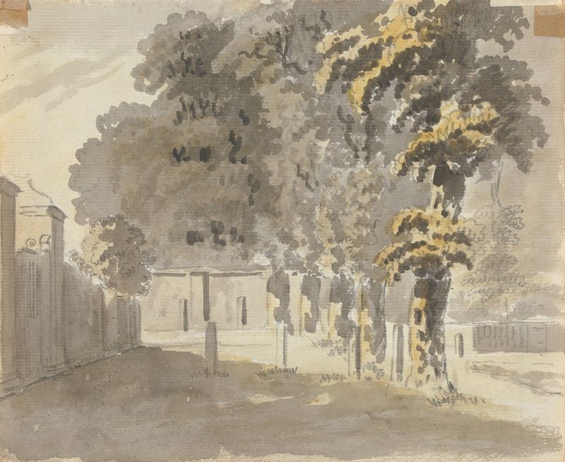 Casa con árboles de James Miller, realismo, que representa un paisaje sereno con árboles y una casa.
