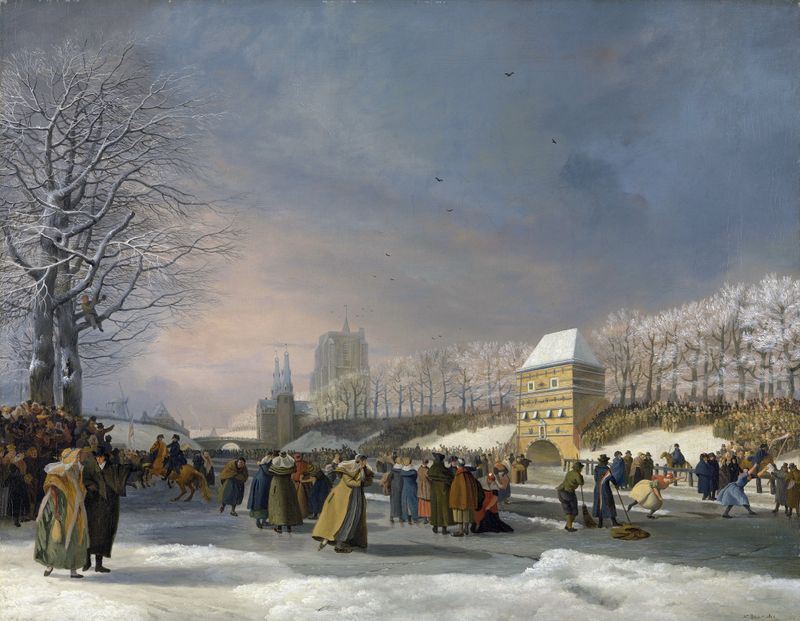 Competencia de Patinaje de Mujeres en la Stadsgracht, 1809 de Nicolaas Baur, pintura al óleo