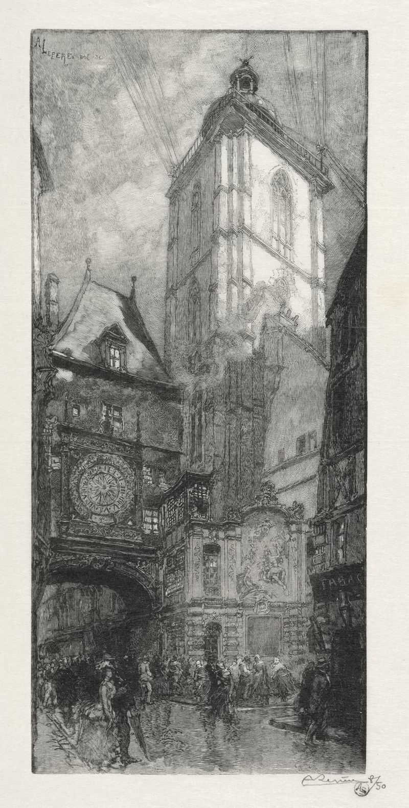 Gravura de La Gros Horloge de Auguste Louis Lepère, apresentando uma torre do relógio histórica.