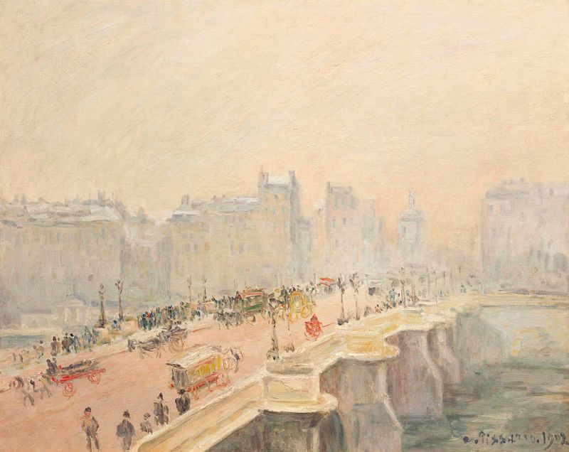 Paisagem de inverno com neblina e pedestres no Le Pont-Neuf, óleo de Camille Pissarro