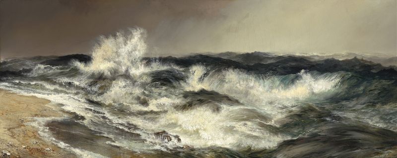 Escena marina con olas del océano en óleo de Thomas Moran