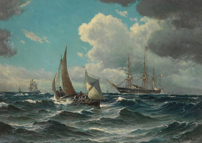 Fischerboot und Dampfsegler auf bewegter See de Vilhelm Bille, óleo que muestra un barco de pesca en olas agitadas.