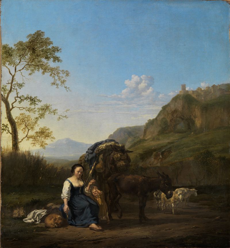 Spinnende Bäuerin in italienischer Berglandschaft by Karel Dujardin, oil on canvas depicting a woman spinning.