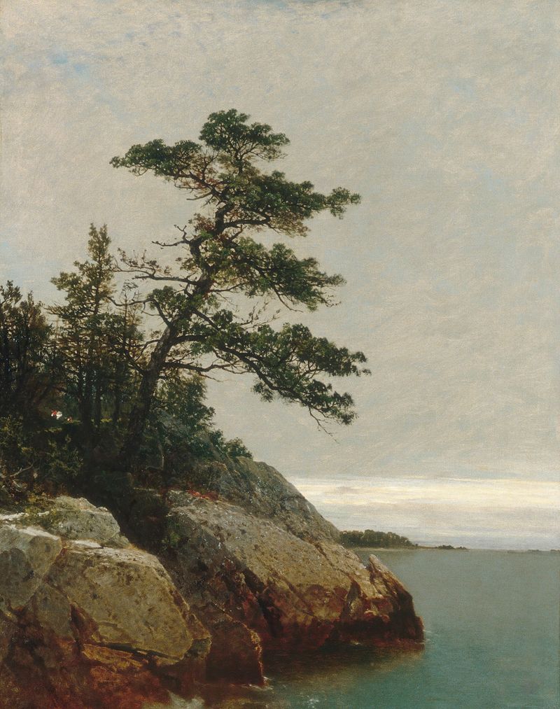 El Viejo Pino de John Frederick Kensett, óleo sobre lienzo que muestra un pino solitario en un paisaje sereno.