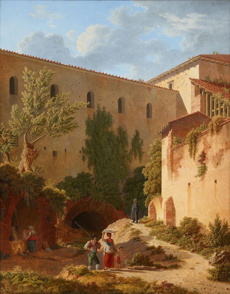 tinta sobre papel de Leo Von Klenze que representa arquitectura romana con arcos y ruinas
