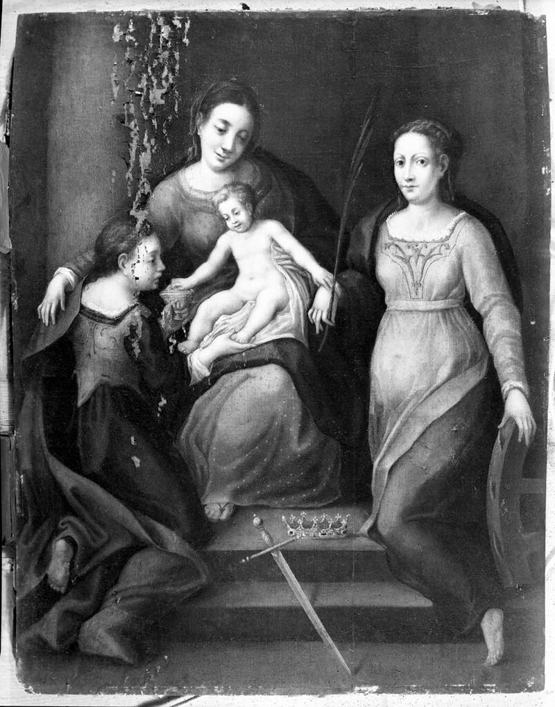 A Virgem e o Menino com Santa Maria Madalena e Santa Catarina de Alexandria, óleo sobre painel de Pomponio Allegri