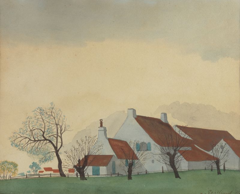 Landschap met hoeve de Léon Spilliaert, pintura a óleo que retrata uma casa de campo em uma paisagem serena