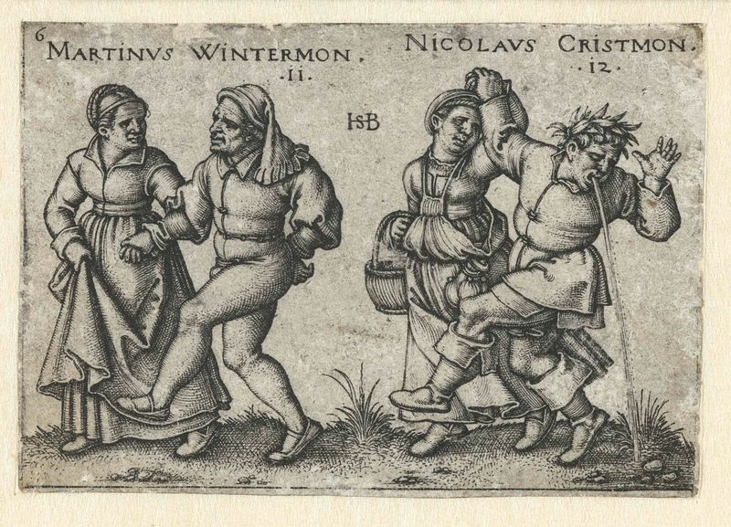 Grabado de Hans Sebald Beham que representa parejas bailando en un entorno rural