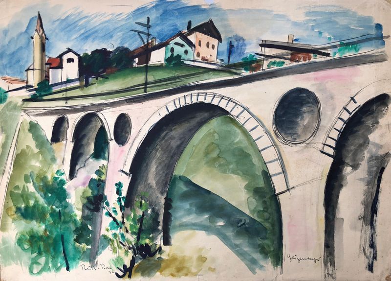 Pintura a óleo de paisagem por Otto Geigenberger mostrando uma ponte sobre um rio nas montanhas