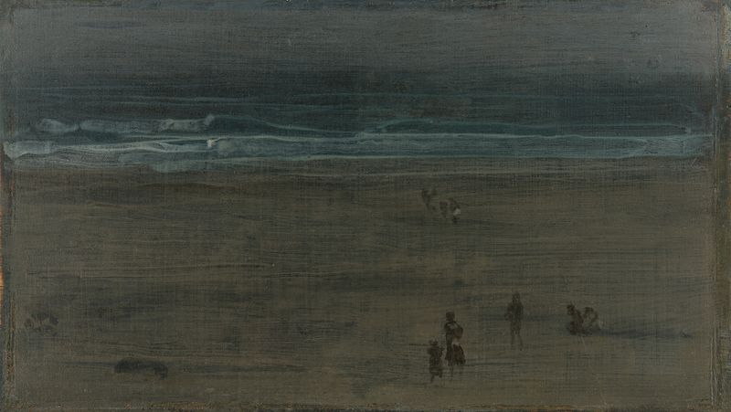 El Mar y la Arena de James Abbott McNeill Whistler, óleo sobre lienzo que muestra suaves olas y la orilla.