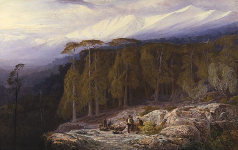 Acuarela de Edward Lear que representa un frondoso bosque en Córcega con follaje intrincado.