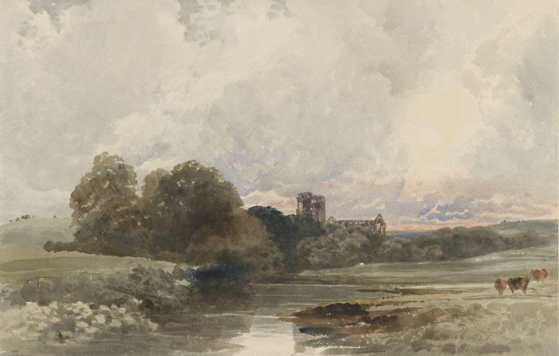 Landscape featuring Kirkstall Abbey ruins at sunset, oil painting by Peter De Wint