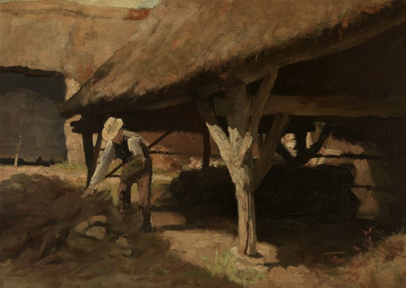 Pintura al óleo de una granja con techo de paja de Antoon Derkinderen