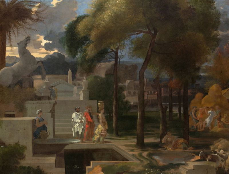 A Classical Landscape de Sébastien Bourdon, óleo sobre tela retratando um vale e montanhas.