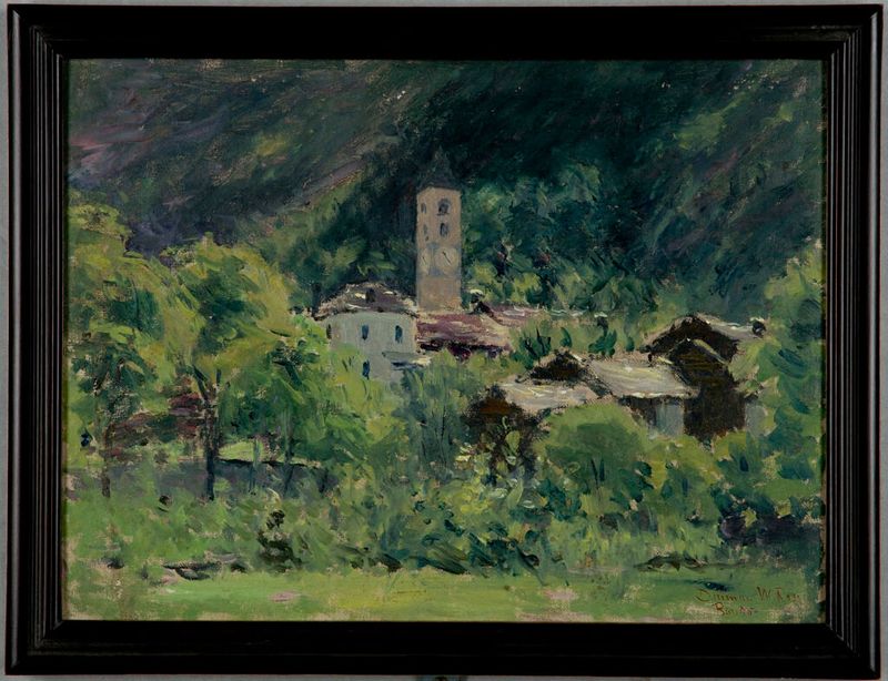 Landscape with Clock Tower de Denman Waldo Ross, óleo sobre lienzo que muestra un reloj y colinas suaves.