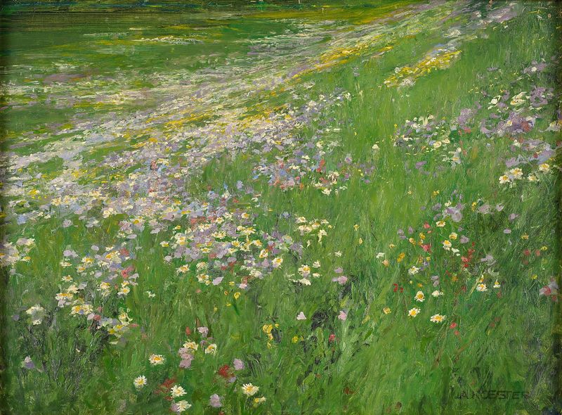 Oil painting of a meadow filled with wildflowers by Alexander Koester