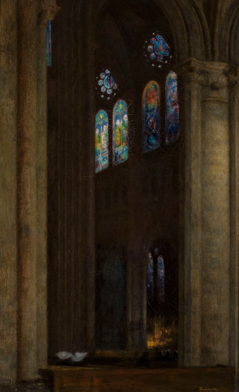 Interior de una catedral con vitrales de Józef Pankiewicz, pintura al óleo