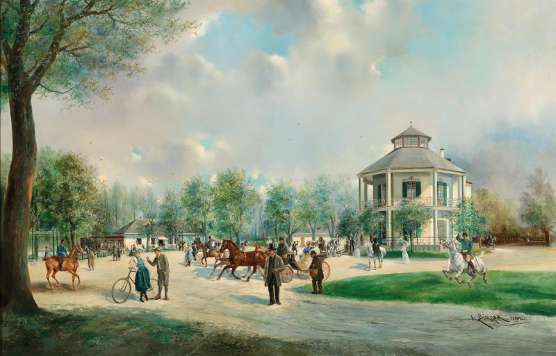 Escena de género que muestra figuras elegantemente vestidas en un entorno animado, pintura al óleo de Lothar Michael Bürger