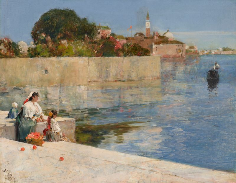 Vista de Veneza de Childe Hassam, pintura a óleo que representa água e arquitetura.
