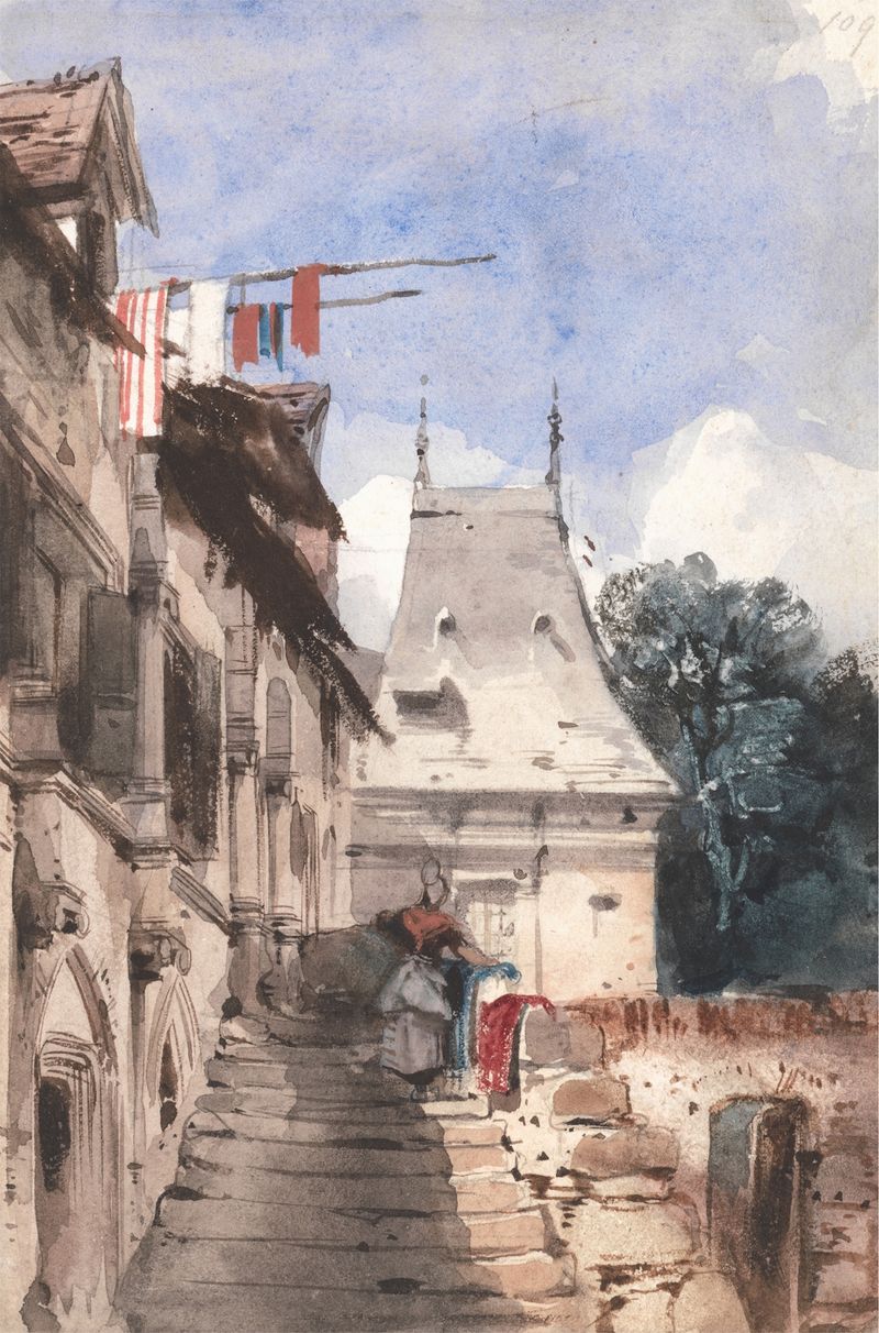 Abbey St-Amand, Rouen de Richard Parkes Bonington, óleo que muestra una abadía serena bajo un cielo tenue