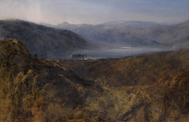 Paisagem de Lake Windermere por Bernard Walter Evans, pintura a óleo que retrata água tranquila e luz do amanhecer.