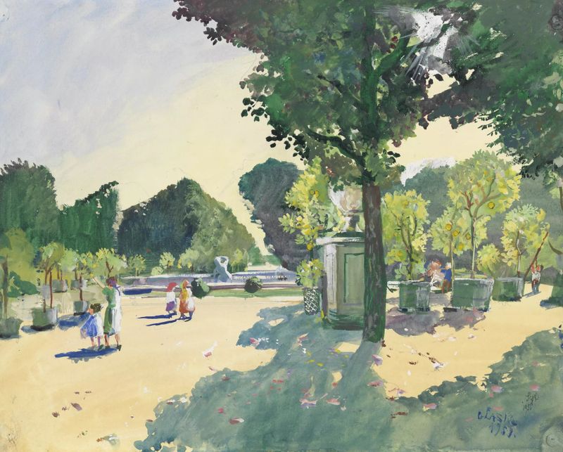 XIII. Schönbrunn (Garten) de Oskar Laske, óleo sobre tela que retrata uma cena vibrante de jardim.
