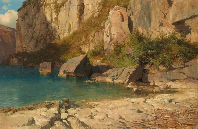 Oil painting by Alexandre Calame depicting cliffs and a serene lake