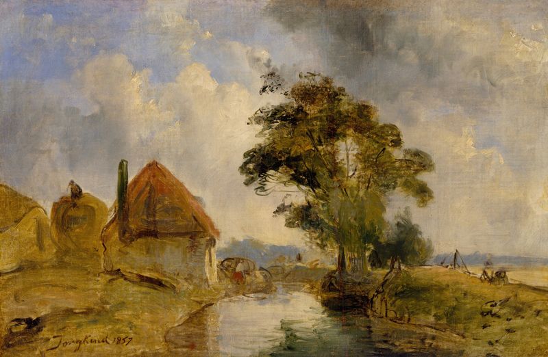 Pintura a óleo de Johan Barthold Jongkind retratando um sereno curso d'água com reflexos.