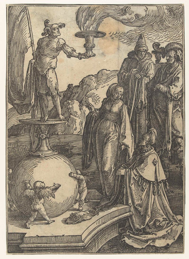 De afgoderij van Salomo de Lucas van Leyden, meio papel, com luz celestial e figuras.