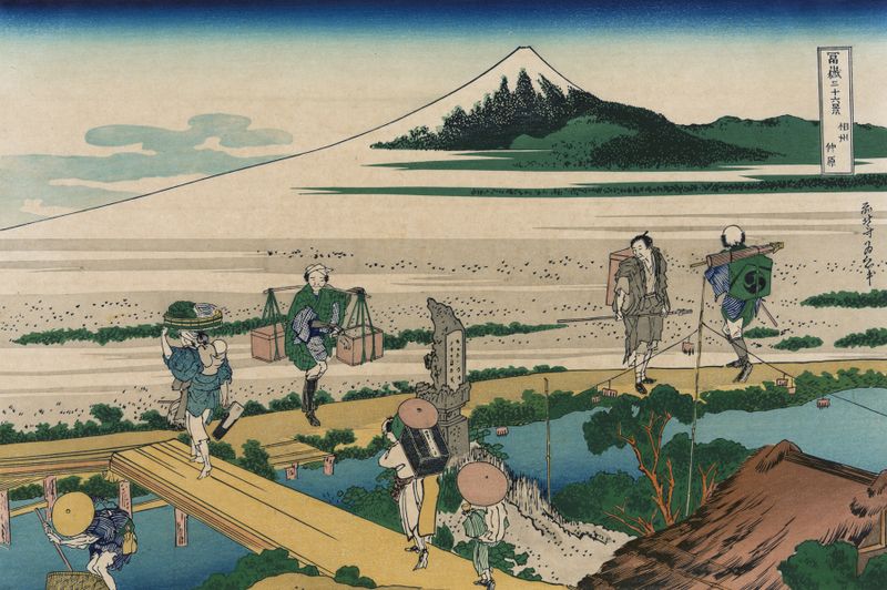 Gravura em madeira Ukiyo-e de Katsushika Hokusai representando uma paisagem tranquila com figuras e sombras