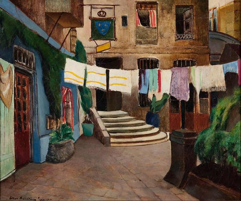 Interior scene of a backyard in Paris by Adam Malicki, featuring vibrant colors and chaotic arrangement.