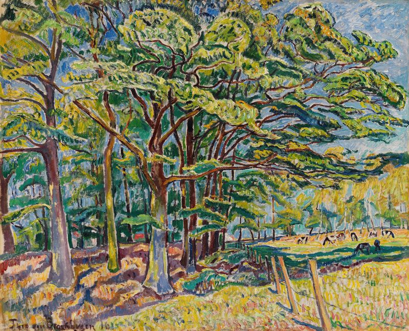 Landscape oil painting by Theo Von Brockhusen featuring an oak tree and forest.
