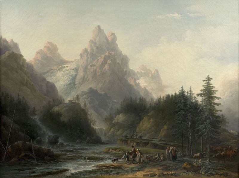 Landscape of Wellhorn and Wetterhorn mountains by Claude-Louis Châtelet, oil painting.