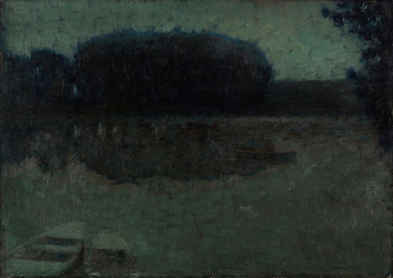 Rivière bleue, Montreuil-Bellay de Henri Le Sidaner, óleo sobre lienzo que representa un paisaje de río tranquilo.