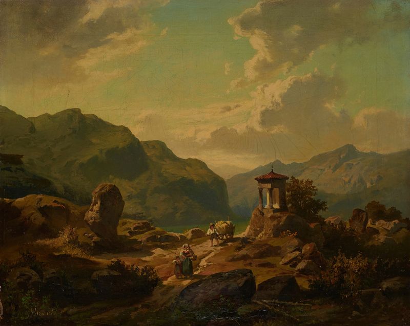 Paisaje del Romanticismo de Carlo Brioschi con montañas y un lago