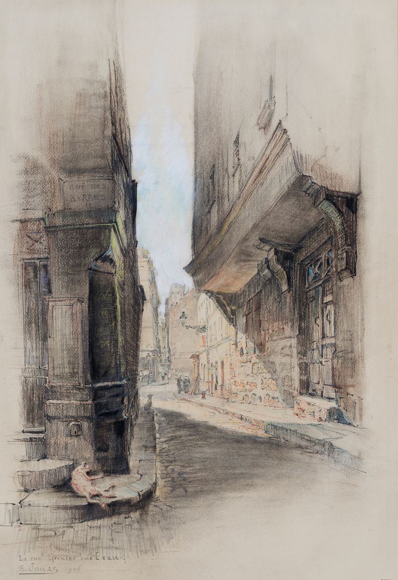 La Rue Grenier sur l’eau de Charles Jouas, impresionismo, paisaje con casas y luz suave