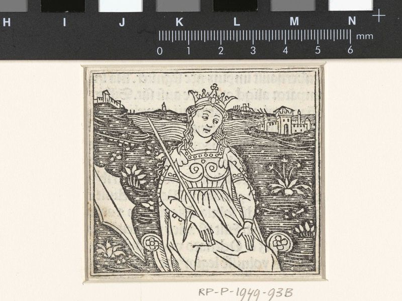 Retrato de una mujer con corona y cetro en un paisaje, papel, Unknown Artist