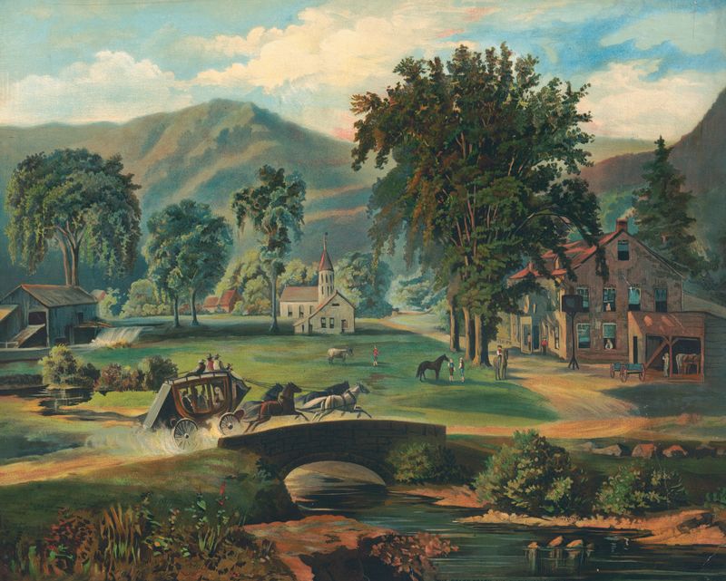 Stagecoach em uma paisagem, pintura a óleo de Unknown Artist