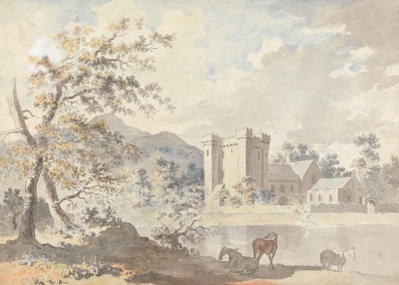 Castle below mountains with horses by a river, oil painting by Sawrey Gilpin
