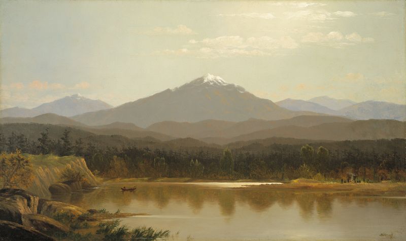 Laramie Peak by Albert Bierstadt, oil painting depicting mountains and a river under a colorful sky
