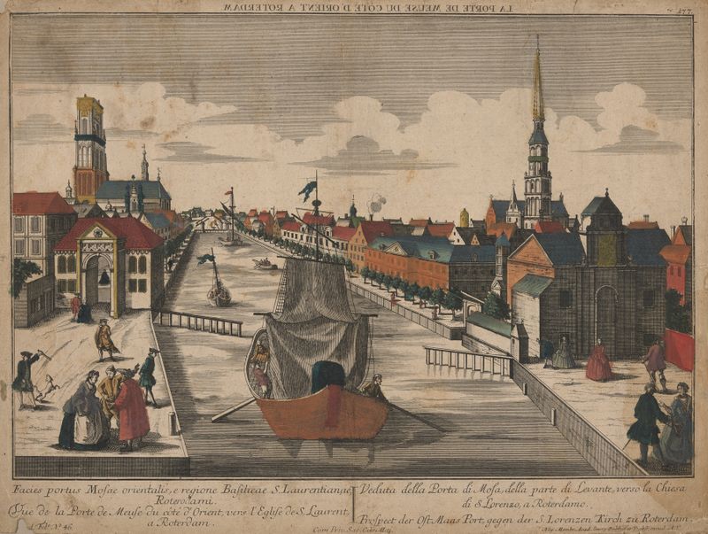 Engraving by Georg Balthasar Probst depicting the museum entrance with light and shadows.