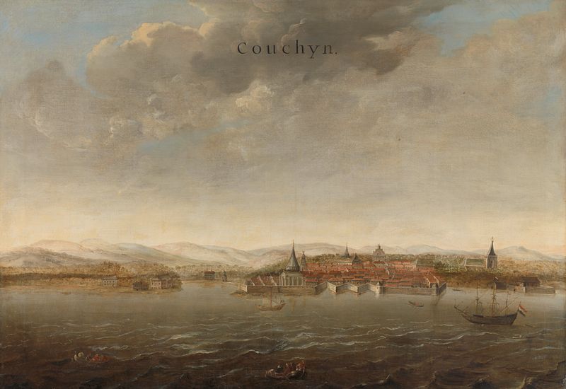 Oil painting by Johannes Vinckboons depicting trading posts of the Dutch East India Company.