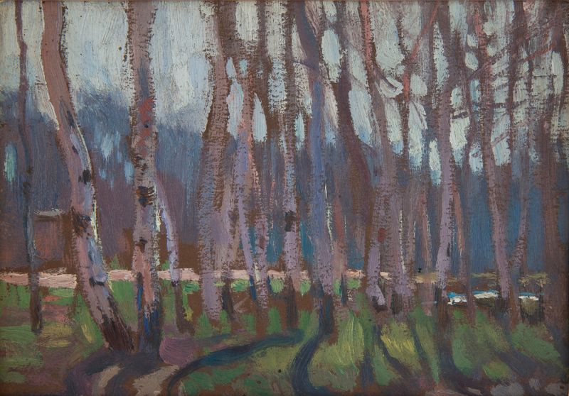 Birch-Grove de Jan Stanisławski, óleo sobre lienzo que representa árboles de abedul y luz solar.