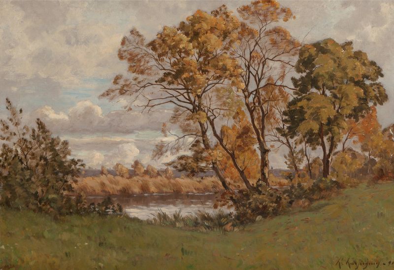 Paisaje de Henri-Joseph Harpignies, pintura al óleo que presenta un bosque y un río