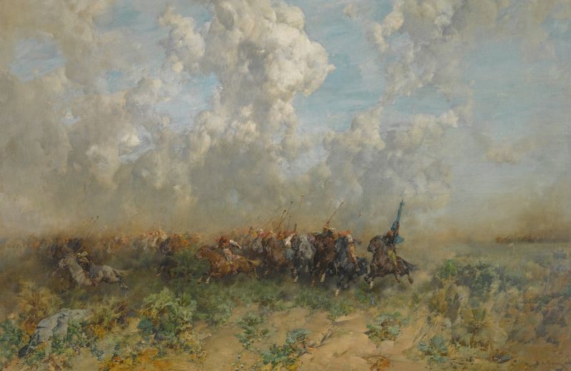 Historical scene with chaos and figures in a swirling landscape, oil painting by Alberto Pasini