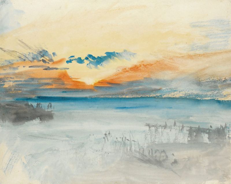 Sunset Over Water de Joseph Mallord William Turner, pintura al óleo de un vibrante atardecer reflejándose en el agua.