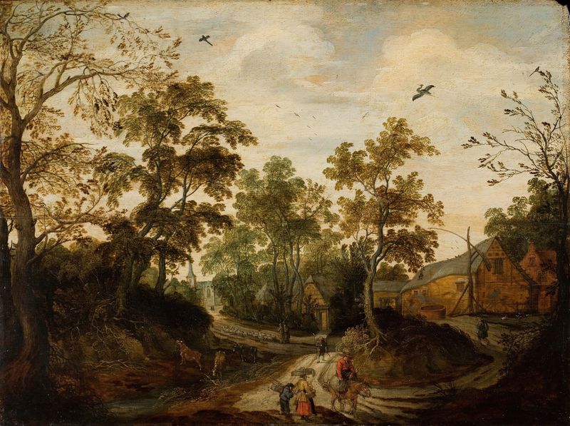 Vista de uma Vila por Willem van den Bundel, óleo sobre tela que retrata uma vila tranquila e o céu.