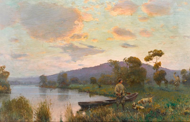 Cazadores y perros en un bosque, óleo sobre lienzo de Sergei Ivanovich Vasilkovsky