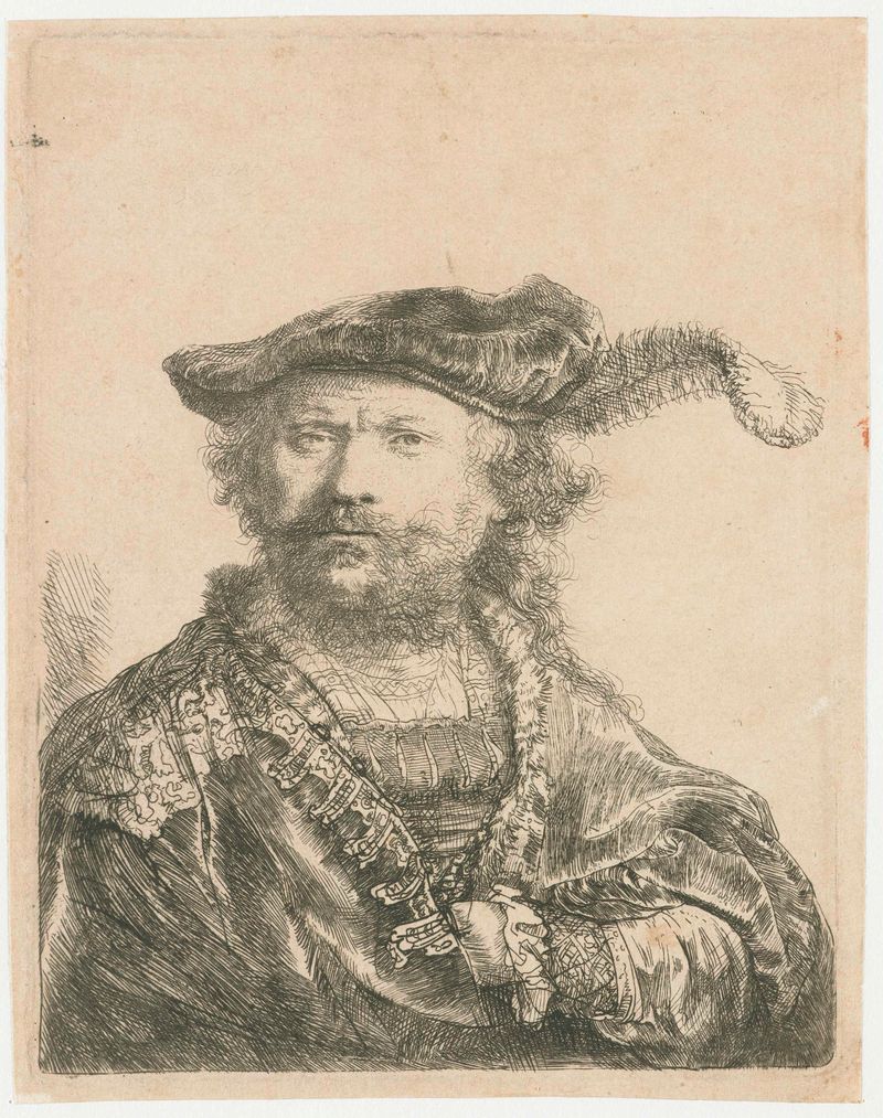Autorretrato en un gorro de terciopelo con pluma, grabado de Rembrandt van Rijn