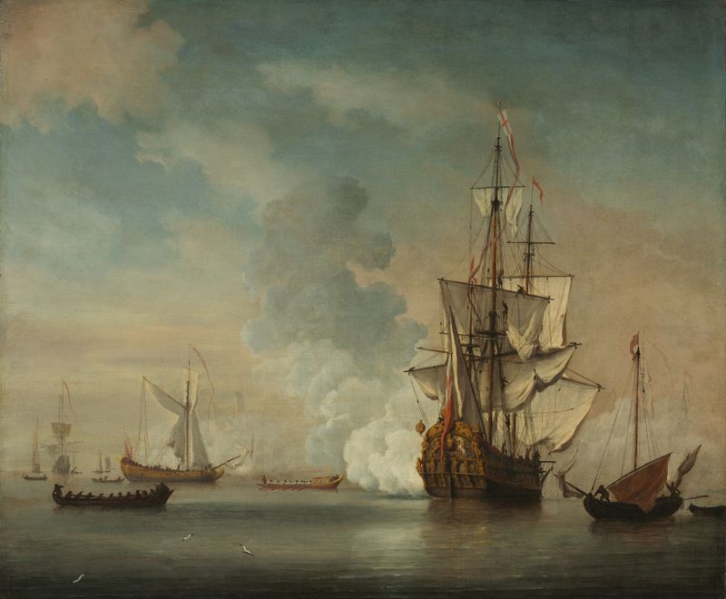Óleo sobre lienzo de Unknown Artist que muestra un barco de guerra disparando un saludo en el mar.